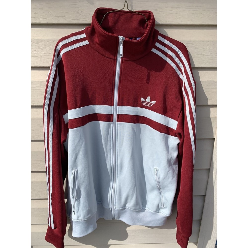 Adidas Mens Trefoil Logo Track  Zip Up Pockets Maroon and Grey Jacket Sz L